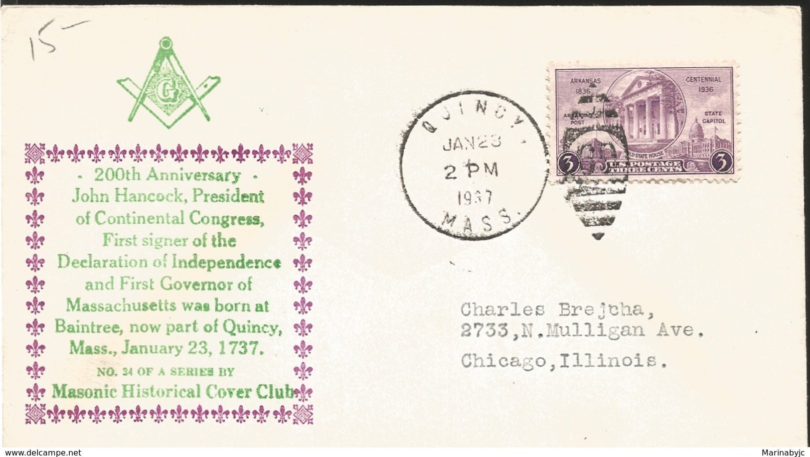 J) 1937 UNITED STATES, MASONIC GRAND LODGE, 200th ANNIVERSARY JOHN HANCOCK, PRESIDENT OF CONTINENTAL CONGRESS, FIRST SIG - Covers & Documents