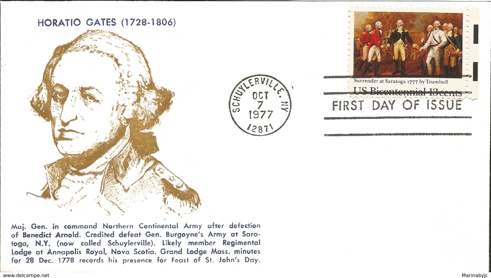 J) 1977 UNITED STATES, MASONIC GRAND LODGE, HORATIO GATES (1728-1806), FDC - Covers & Documents