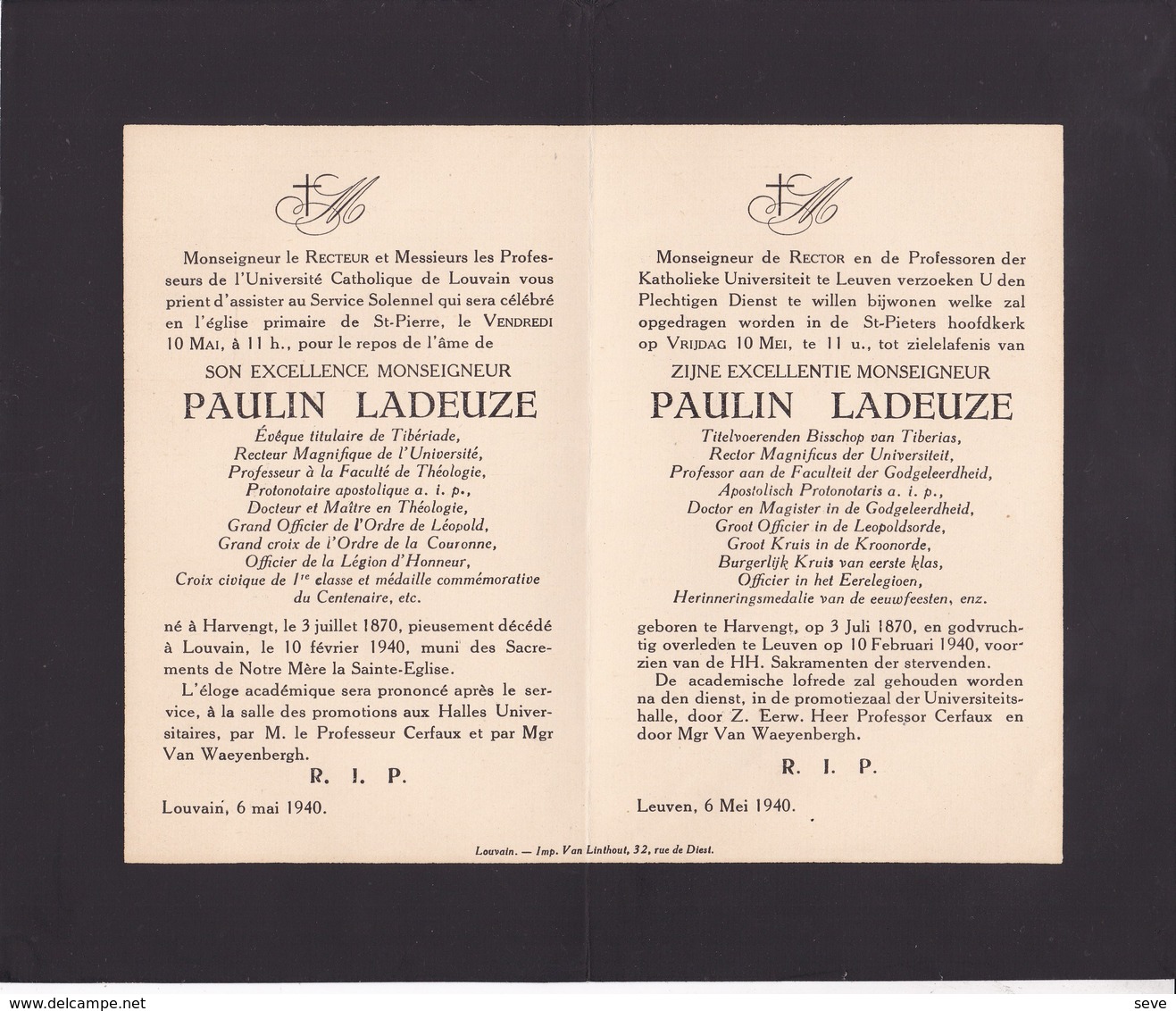 Université De LOUVAIN Paulin LADEUZE Harvengt 1870 Leuven 1940 Recteur Magnifique Avis Mortuaire A5 Double Format A4 - Obituary Notices