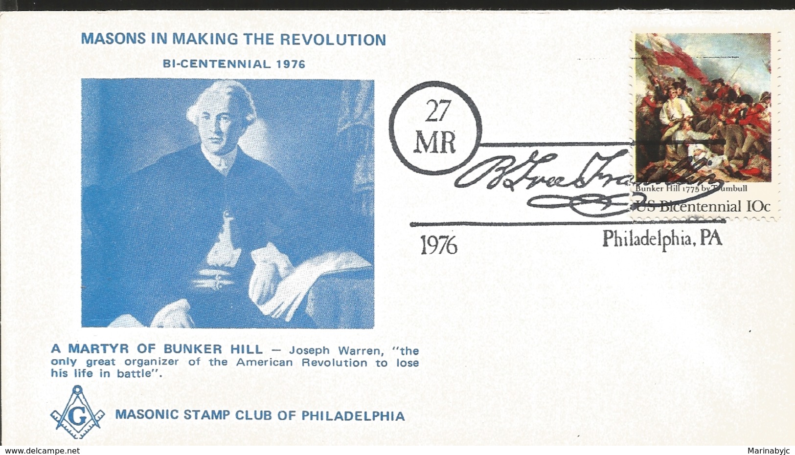 J) 1976 UNITED STATES, MASONIC GRAND LODGE, MASONS IN MARKING THE REVOLUTION BICENTENNIAL, A MARTYR OF BUNKER HILL, FDC - Covers & Documents