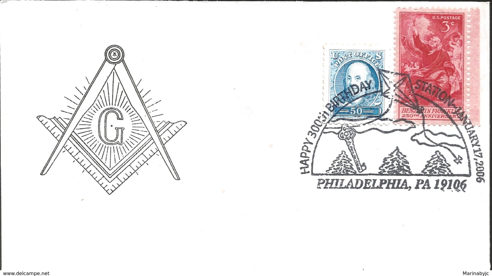 J) 2006 UNITED STATES, MASONIC GRAND LODGE, HAPPY 30th BIRTHDAY STATION JANUARY BENJAMIN FRANKLIN 250th ANNIVERSARY, FDC - Covers & Documents