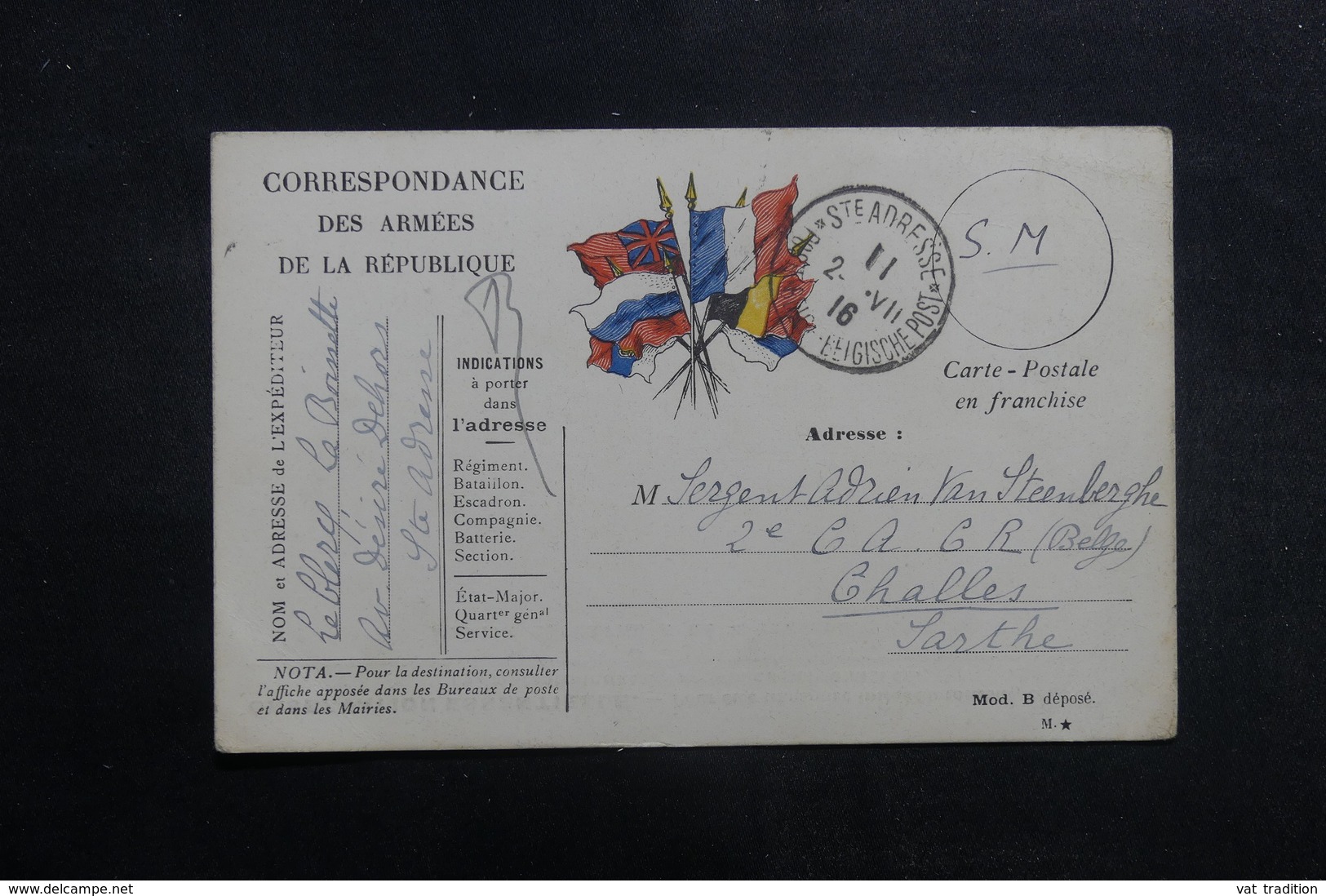 BELGIQUE - Carte FM De Sainte Adresse ( France ) Pour Challes En 1916 - L 40203 - Armée Belge