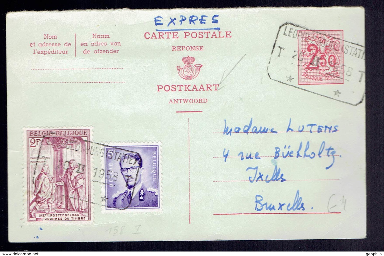 CP 158 I !!!! REPONSE !!! + 1011 + 1029  Exprès ( Manuscrit ) Cach. Rect  Léopoldsburg Statie 20 II 1958 =>  Bruxelles - Cartes Postales 1951-..