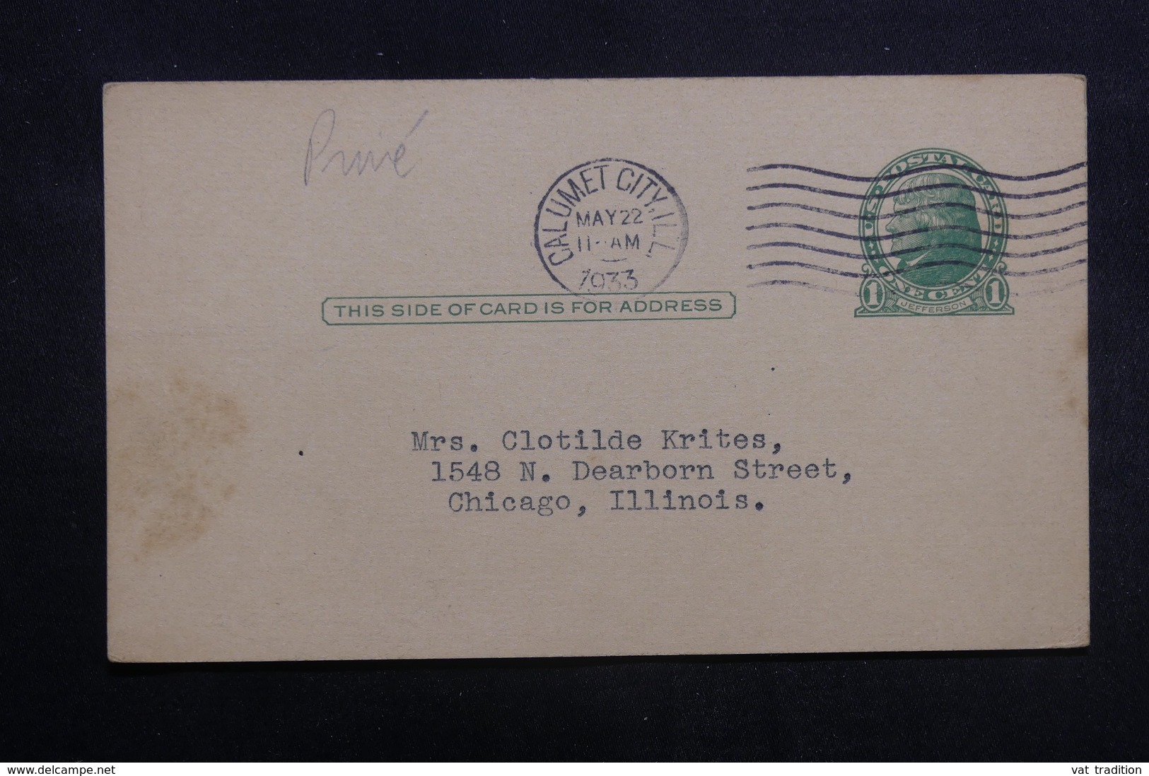 ETATS UNIS - Entier Postal De Calumet City Pour Chicago En 1933 - L 40211 - 1921-40