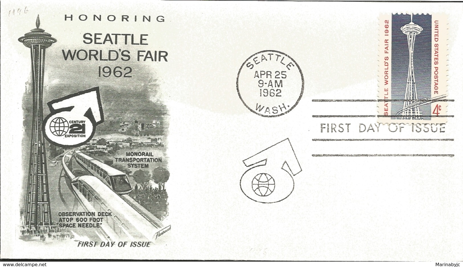 J) 1962 UNITED STATES, HONORING SEATTLE WORLD'S FAIR, MONORAIL TRANSPORTATION SYSTEM, OBSERVATION DECK ATOP 600 FOOT SPA - Covers & Documents