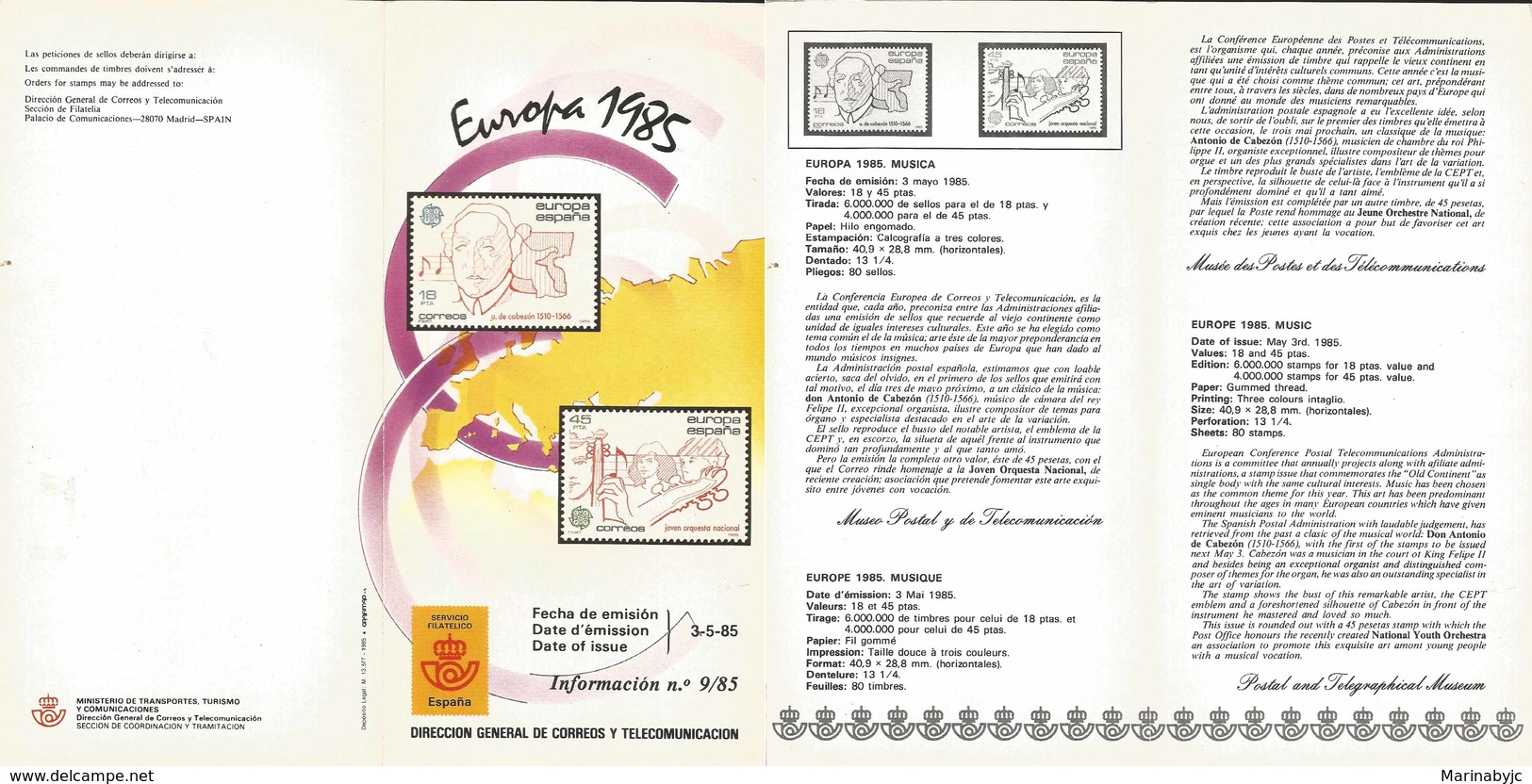 V) 1985 SPAIN, EUROPE 1985 MUSIC, FDB - Neufs