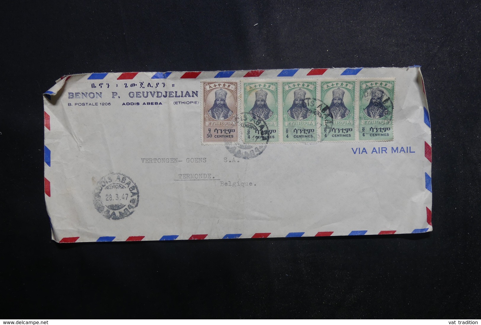 ETHIOPIE - Enveloppe Commerciale De Addis Abéba Pour La Belgique En 1947, Affranchissement Plaisant - L 40227 - Ethiopie