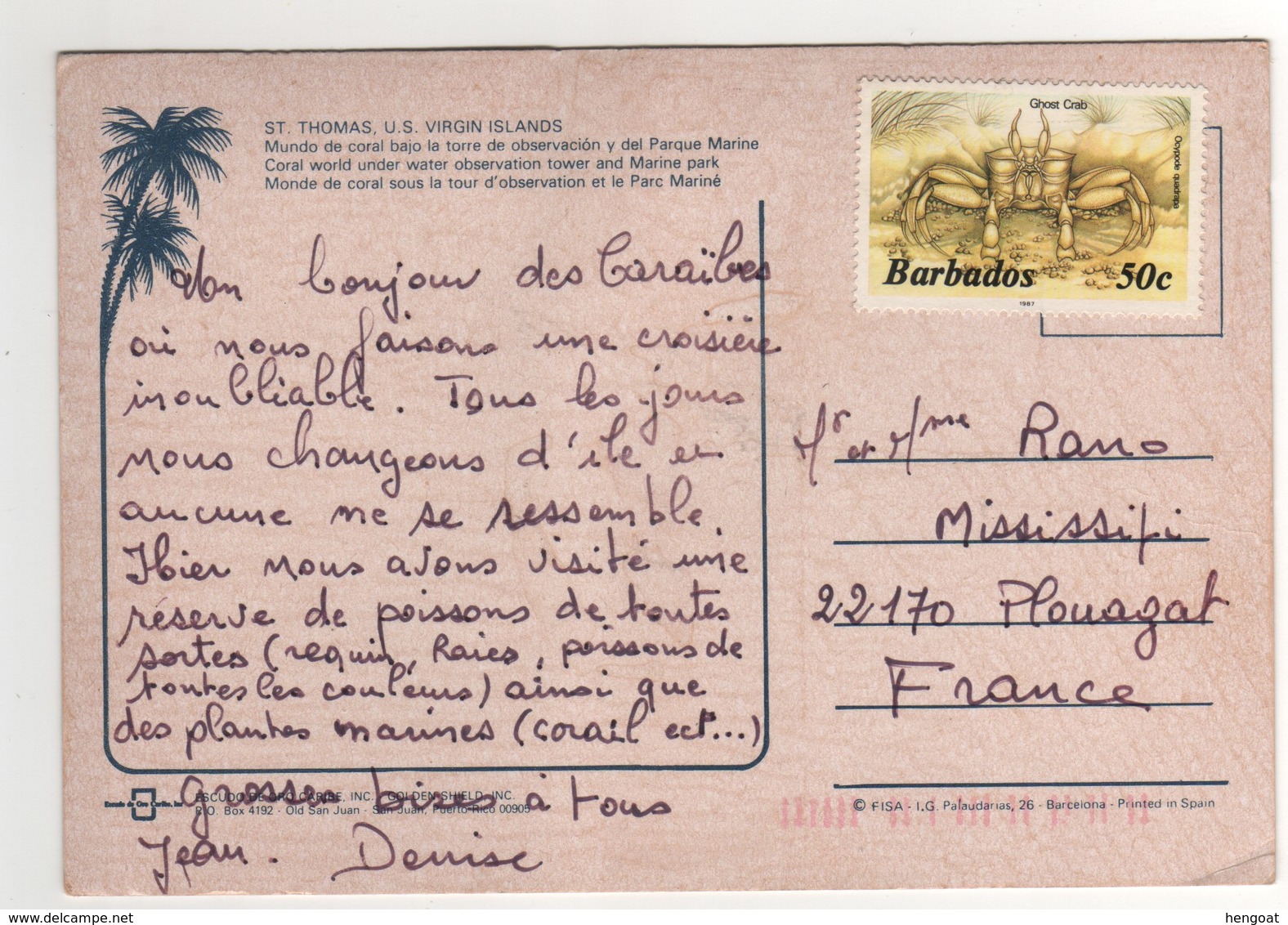 Timbre Crabe : " Ghost Crab " De 1997 Sur Cp , Carte , Postcard Pour La France - Barbades (1966-...)