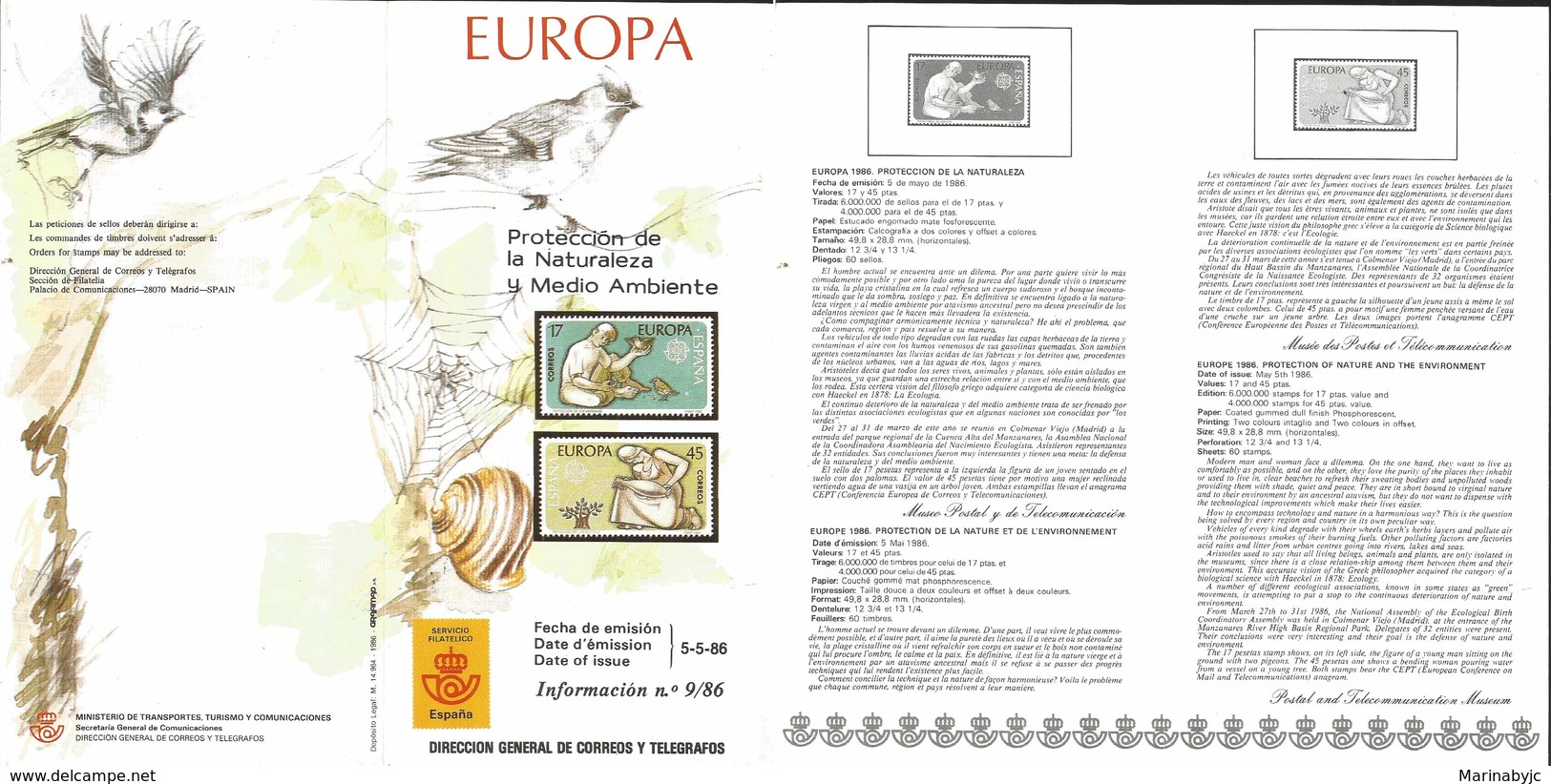 V) 1986 SPAIN, ESUROPE 1986, PROTECTION OF NATURE AND THE ENVIRONMENT, FDB - Neufs