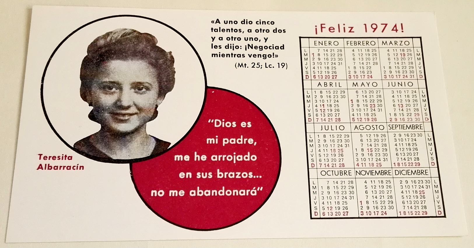 Ancien Calendrier Avec L'image De Teresita Albarracín, Année 1974, Old Calendar With The Image Of Teresita Albarracín - Formato Piccolo : 1971-80