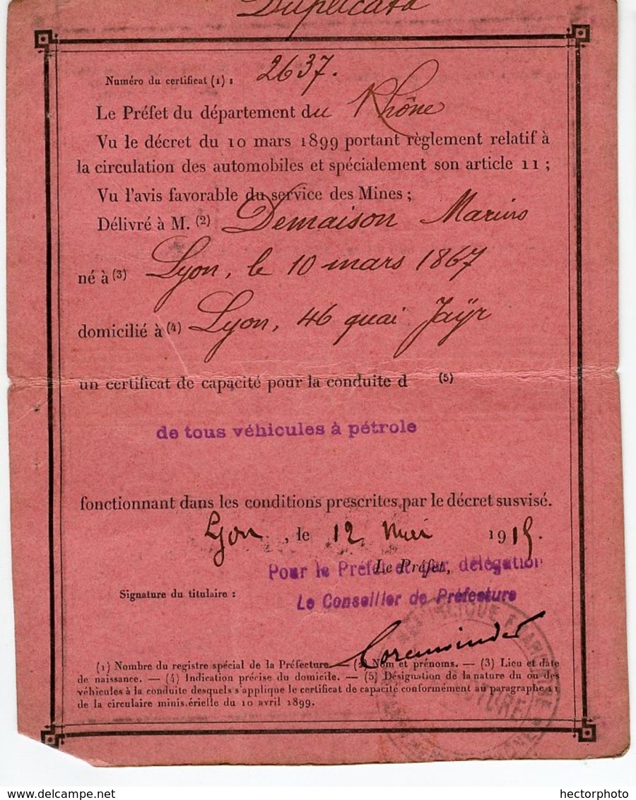 Carte Photo Identité Certificat De Capacité Circulation Automobile Pétrole Voiture Permis De Conduire 1919 RARE Lyon - Documenti Storici