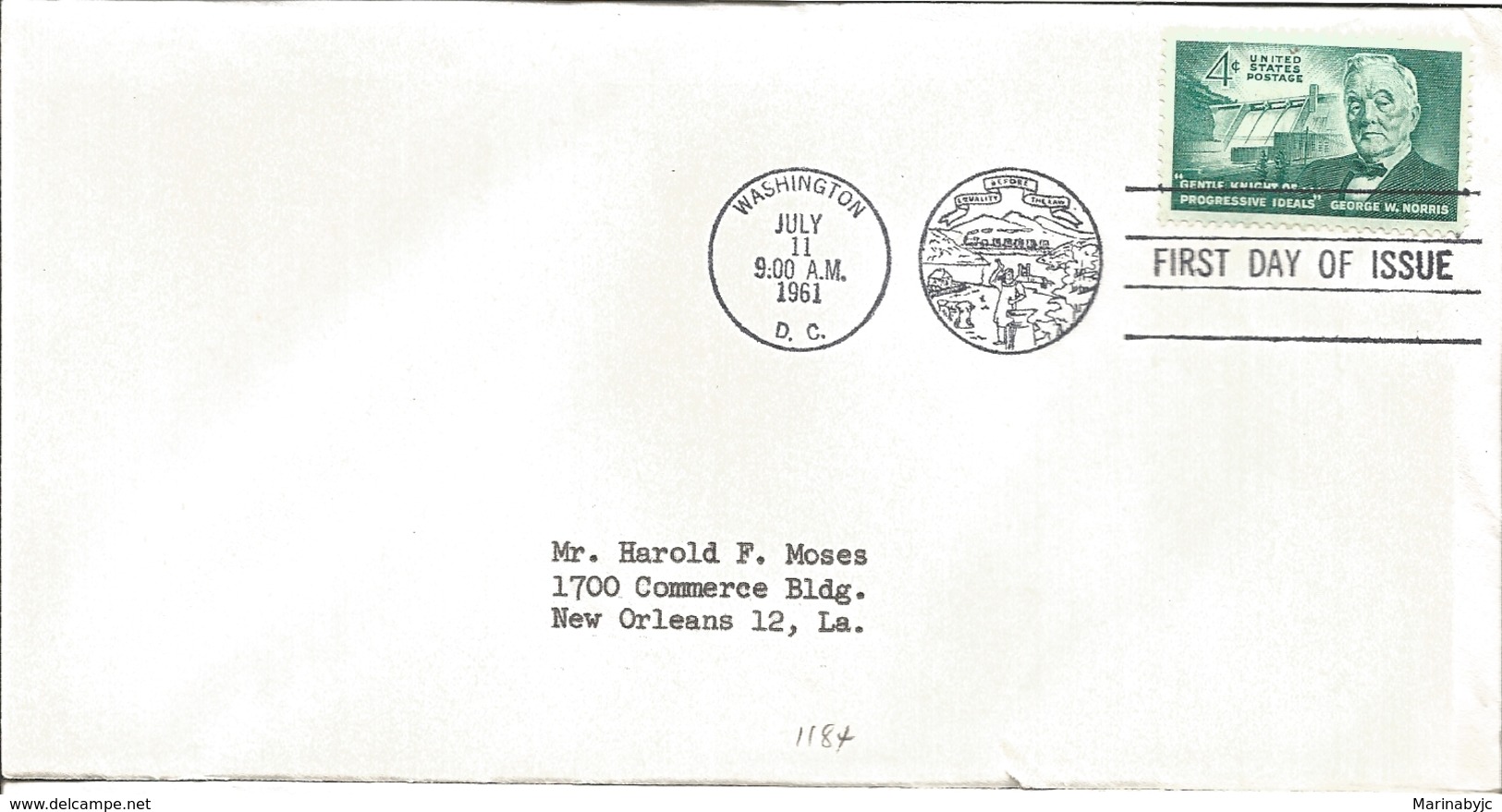 J) 1961 UNITED STATES, MASONIC GRAND LODGE, GENTLE KNIGHT OF PROGRESSIVE IDEALS GEORGE W NORRIS, FDC - Covers & Documents