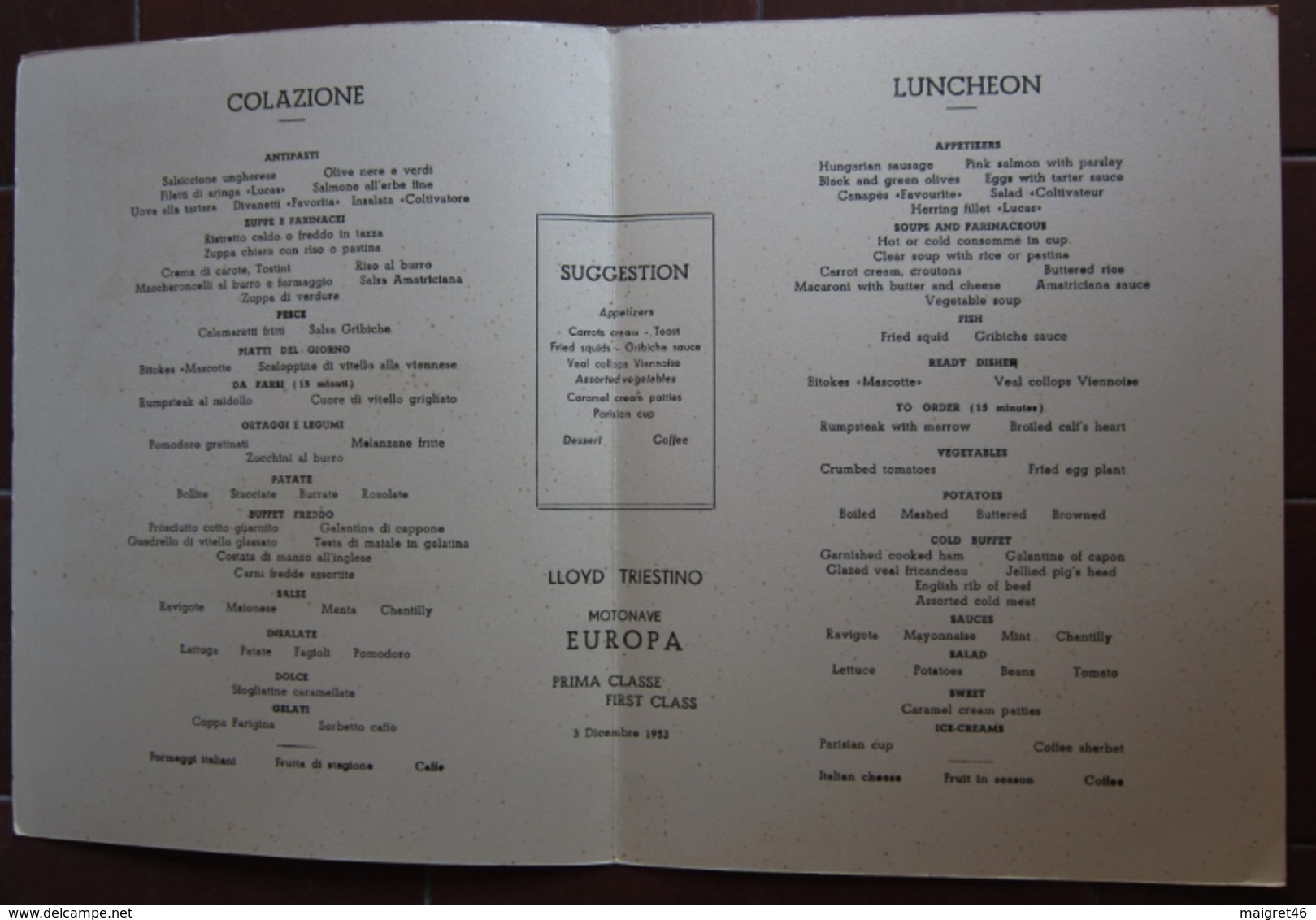 MENU ITALIA ITALIA LLOYD TRIESTINO ADRIATICA TIRRENIA MOTONAVE EUROPA ANNO 1953 CASTELLI CANNERO LAGO MAGGIORE - Menu