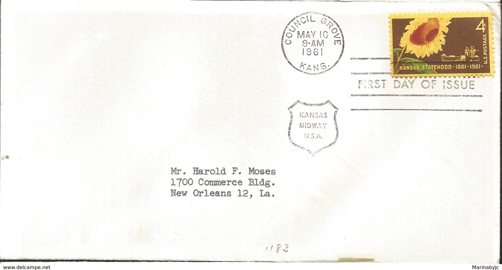 J) 1961 UNITED STATES, MASONIC GRAND LODGE, SUNFLOWER, KANSAS STATEHOOD, FDC - Covers & Documents