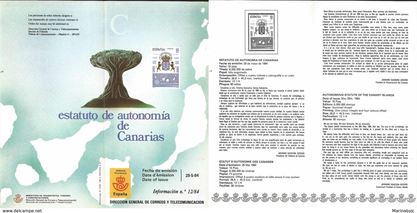 V) 1984 SPAIN, AUTONOMOUS STATUTE OF THE CANARY ISLANDS, FDB - Neufs