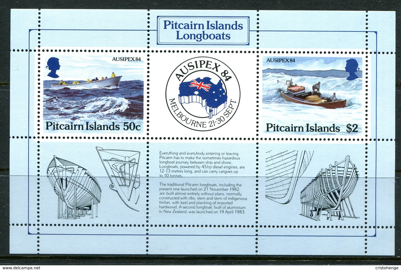 Pitcairn Islands 1984 Ausipex Stamp Exhibition - Longboats MS MNH (SG MS263) - Pitcairn Islands