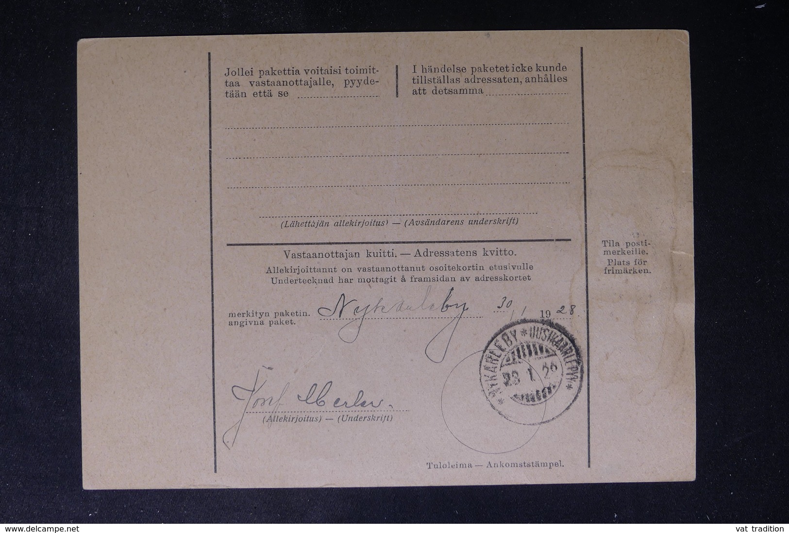 FINLANDE - Formulaire De Colis Postal De Helsinki En 1928 Pour Nykarleby - L 40283 - Lettres & Documents