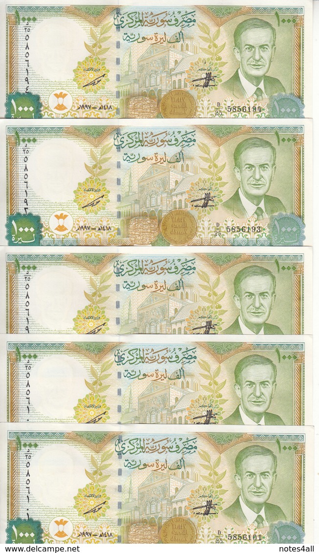 SYRIA 1000 LIRA 1997 2012 P-111 Prefix ( D ) LOT X5 UNC NOTES  */* - Syria