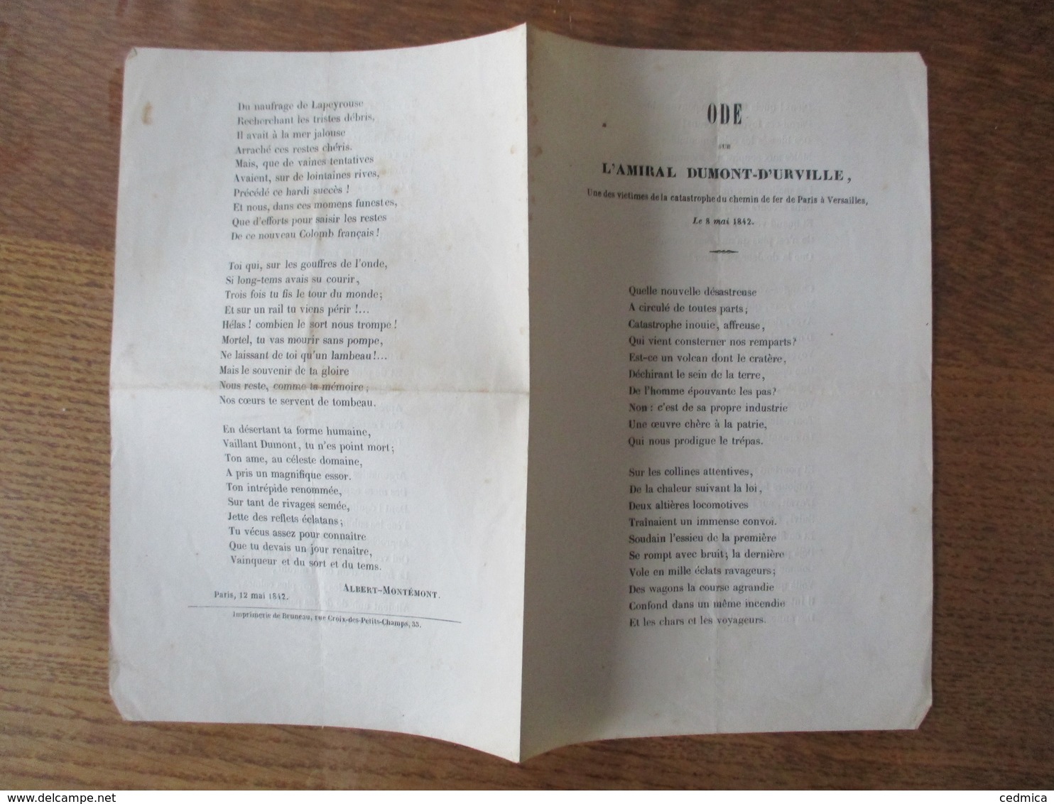 ODE SUR L'AMIRAL DUMONT-D'URVILLE UNE DES VICTIMES DE LA CATASTROPHE DU CHEMIN DE FER DE PARIS A VERSAILLES  8 MAI 1842 - Historische Dokumente