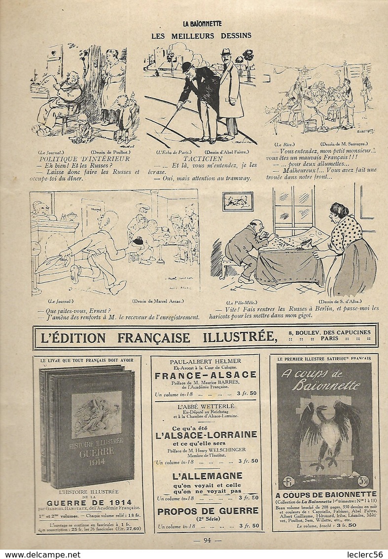 WW1 REVUE LA BAIONNETTE 17 02 1916 N° 33 16 PAGES  DESSINS DE HENRIOT POULBOT ORDNER ROUSSEAU FONTAN, ETC...