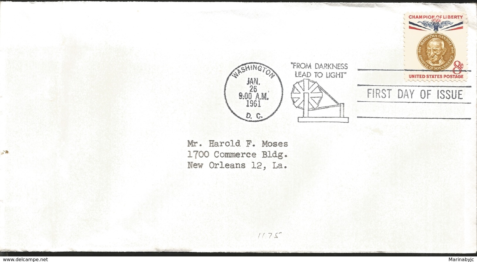 J) 1961 UNITED STATES, MASONIC GRAND LODGE, CHAMION OF LIBERTY, MAHATMA GANDHI, FROM DARKNESS LEAD TO LIGHT, FDC - Covers & Documents