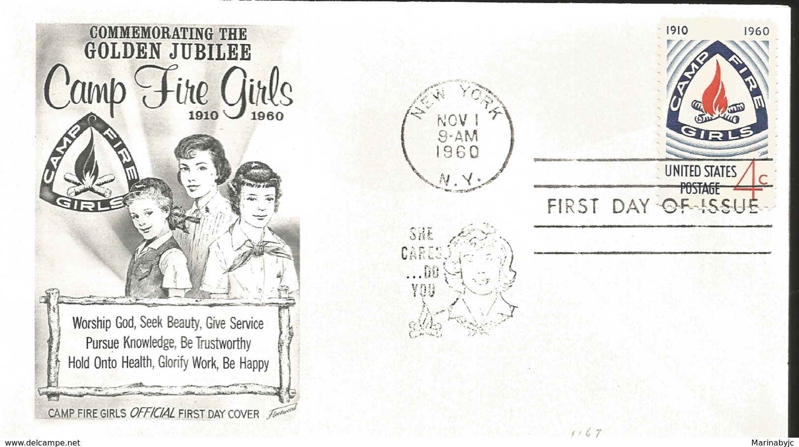 J) 1960 UNITED STATES, MASONIC GRAND LODGE, COMMEMORATING THE GOLDEN JUBILEE CAMP FIRE GIRLS, WORSHIP GOD, SEEK BEAUTY, - Covers & Documents