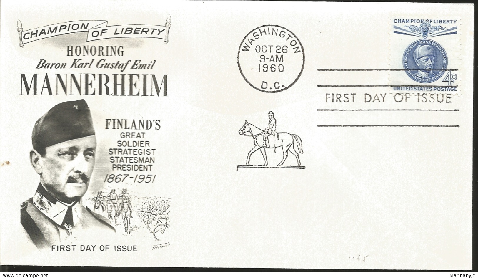 J) 1960 UNITED STATES, MASONIC GRAND LODGE, CHAMPION OF LIBERTY HONORING BARON KARL GUSTAF EMIL MANNERHEIM, FINLAND'S GR - Covers & Documents