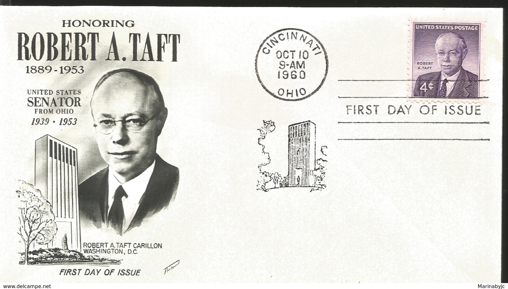 J) 1960 UNITED STATES, MASONIC GRAND LODGE, HONORING ROBERT A TAFT 1889-1953, USA SENATOR FROM OHIO, ROBERT A TAFT CARIL - Covers & Documents