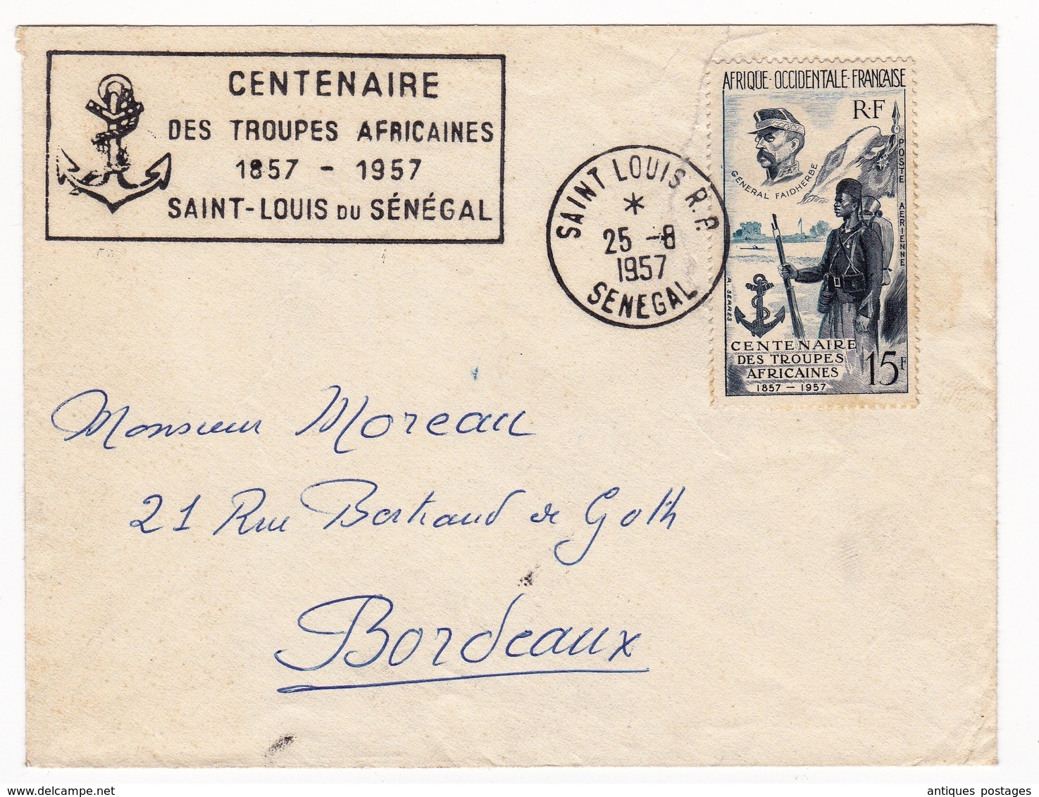 Lettre Saint Louis Du Sénégal Centenaire Des Troupes Africaines Général Faidherbe - Storia Postale