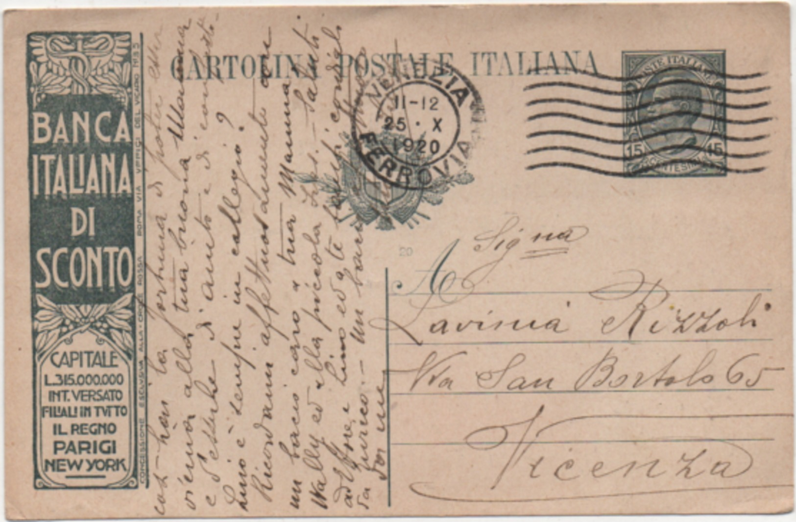 Cartolina Postale Leoni Cent. 15 Banca Italiana Di Sconto Viaggiata Con Annullo Venezia 25.10.1920 - Interi Postali
