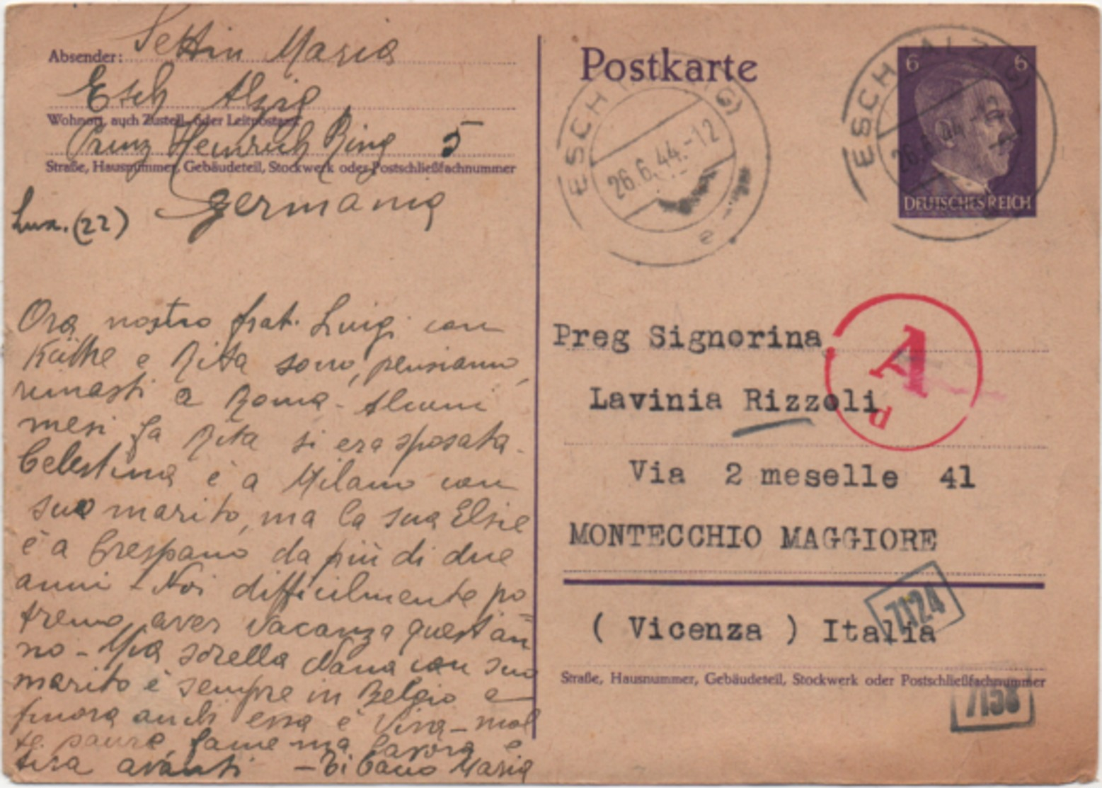 Cartolina Postale Hitler M. 6 Viaggiato Con Annullo Esch An Der Alzig (Lussemburgo) 26.06.1944 - Storia Postale