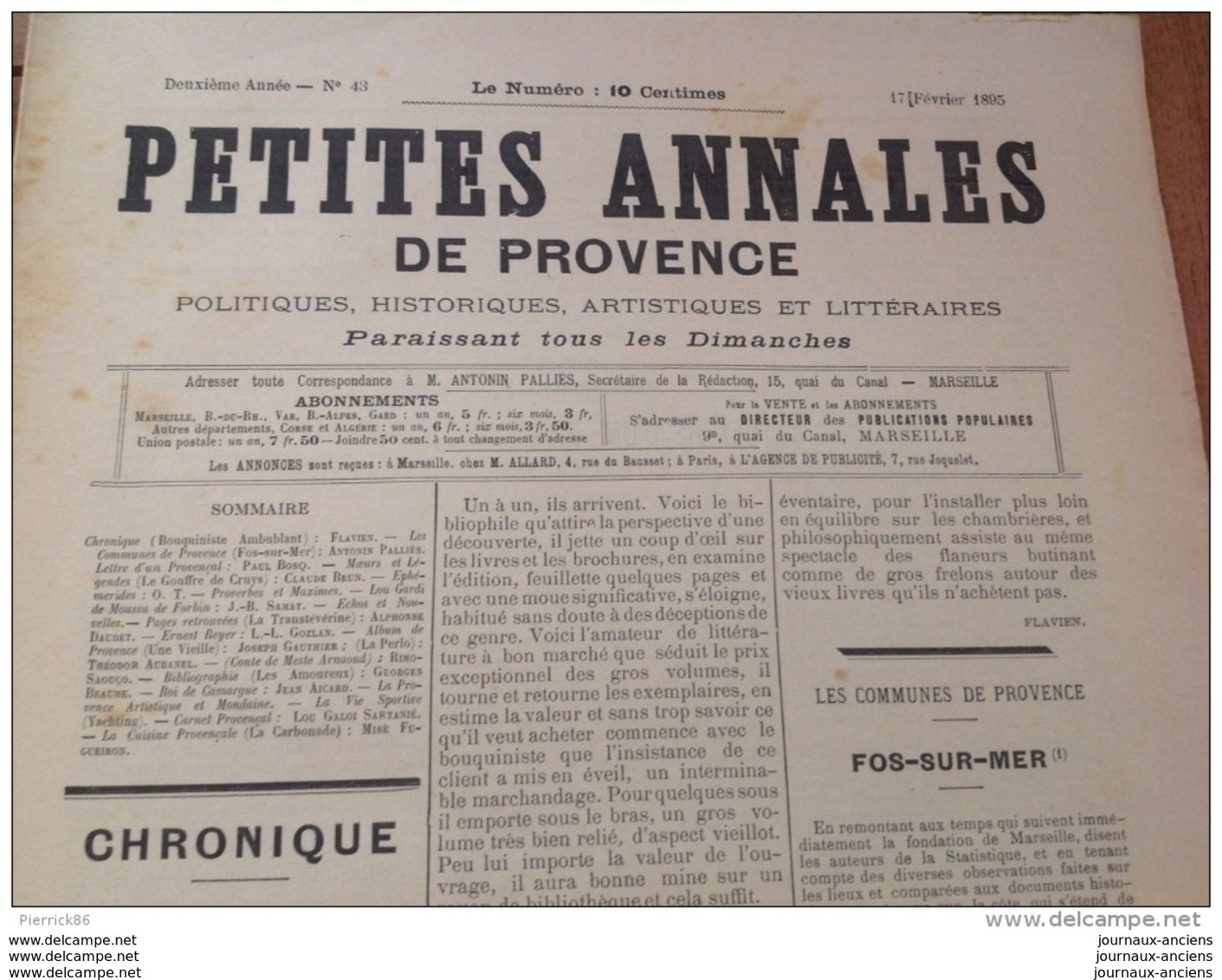 1895 FOS SUR MER ( PROVENCE ) / GOUFFRE DE CRUYS / ERNEST REYER / ROI DE CAMARGUE Suite / CUISINE PROVENÇALE - 1850 - 1899