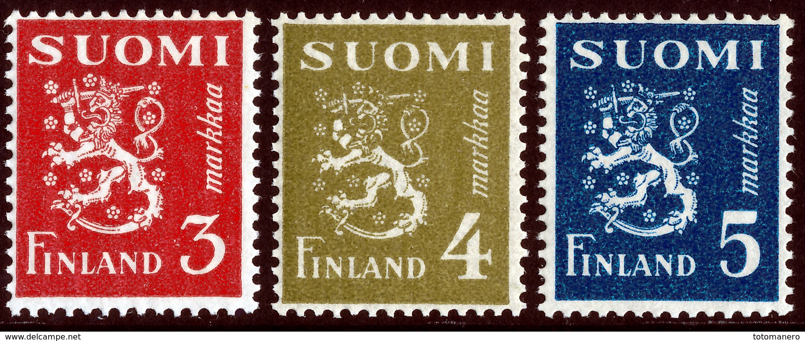 FINLAND 1945 Definitive Lions MI 298, 302, 303 **MNH Dextrine Invisible Gum - Nuovi