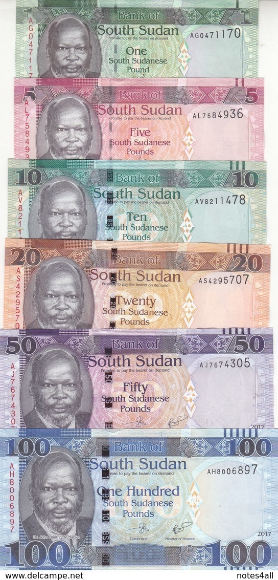 SOUTH SUDAN 1 5 10 20 50 100 POUND 2011 : 2017 P-NEW UNC CURRENT FULL SET Lot - South Sudan