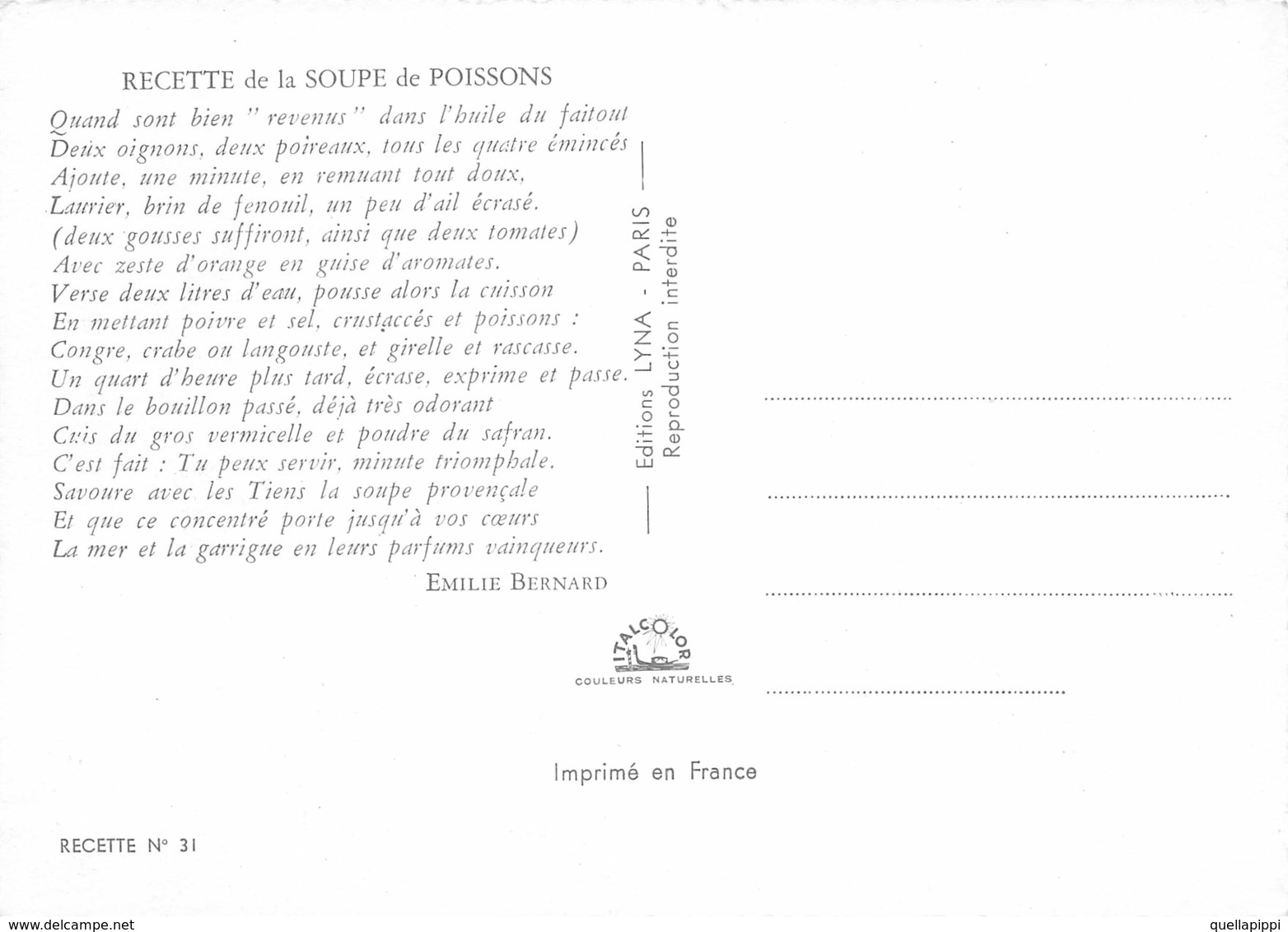 09467 "RECETTE DE LA SOUPE DE POISSONS - EMILIE BERNARD"  RICETTA N° 31.  CART NON SPED - Ricette Di Cucina