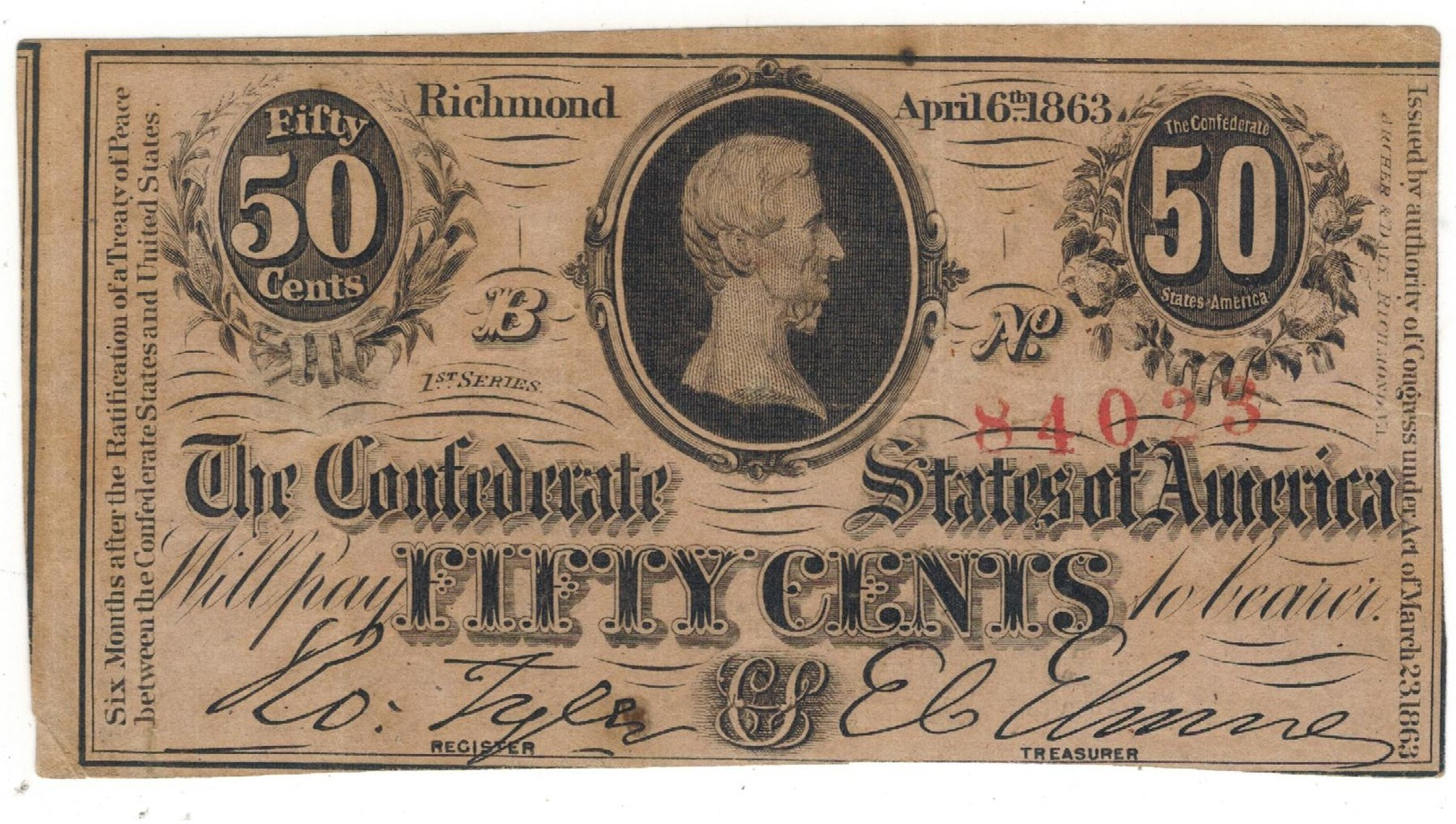 Confederate States Of America, 50 Cents RICHMOND, 1863. VF. RARE - Valuta Della Confederazione (1861-1864)