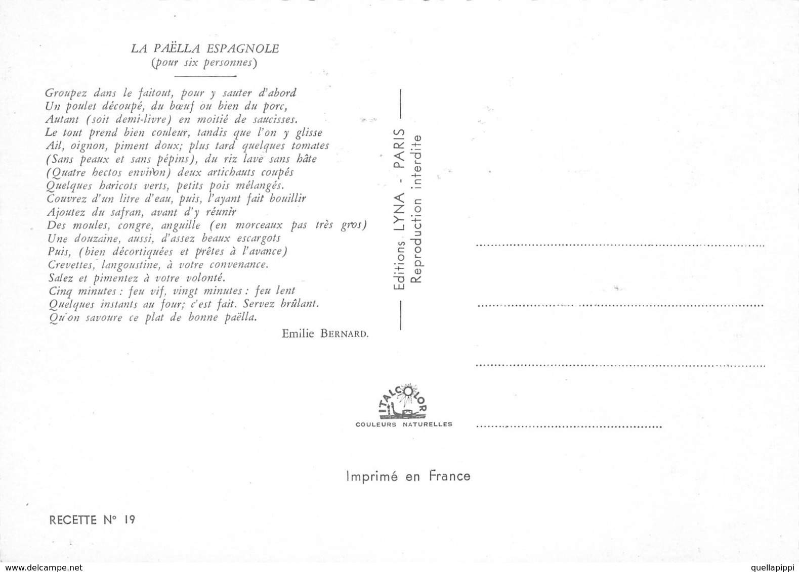 09470 "RECETTE DE LA PAELLA ESPAGNOLE - EMILIE BERNARD"  RICETTA N° 19.  CART NON SPED - Küchenrezepte