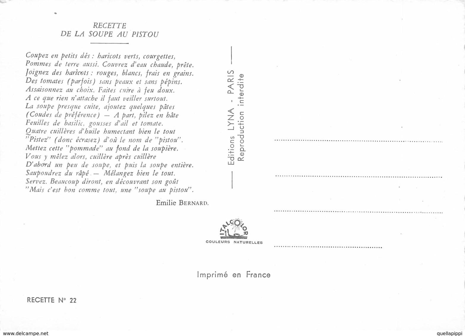 09473 "RECETTE LA SOUPE AU PISTOU - EMILIE BERNARD"  RICETTA N° 22.  CART NON SPED - Recepten (kook)