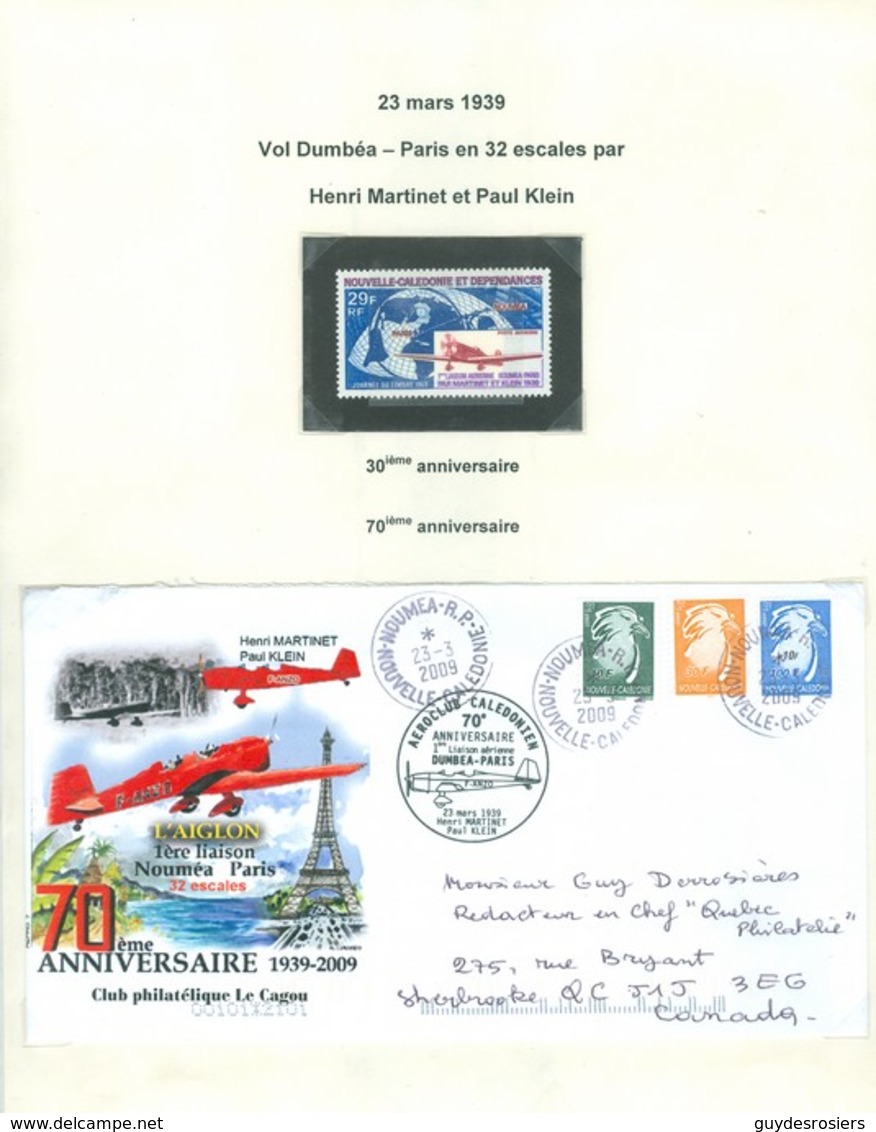 L'Aiglon; Henri Martinet Et Paul Klein; Paris-Nouméa En 32 Escales, 23 Mars 1939; 70 Ans. FRAIS De POSTE (6991) - Covers & Documents