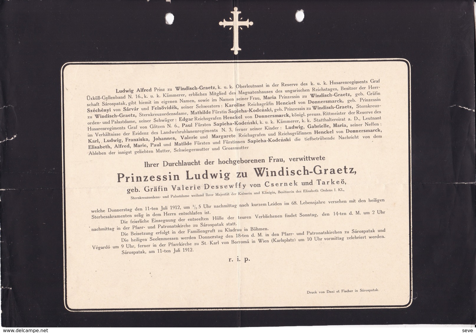 KLADRAU Böhmen Grafin Valerie DESSEWFFY Von CSERNEK épouse Prince Ludwig Zu WINDISCH-GRAETZ 1912 Allemagne Bohème - Décès