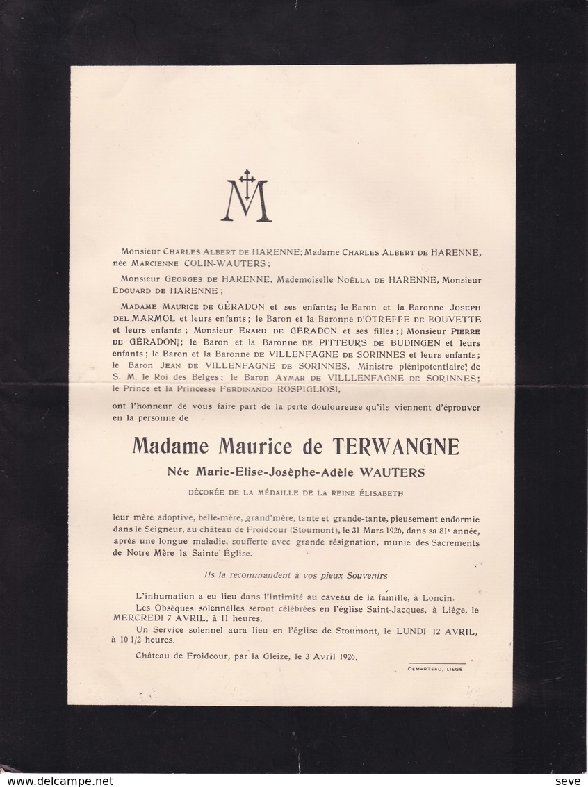 14-18 Médaille De La Reine Elisabeth Marie-Elise WAUTERS épouse Maurice De TERWANGNE Froidcour Stoumont 81 Ans 1926 - Obituary Notices