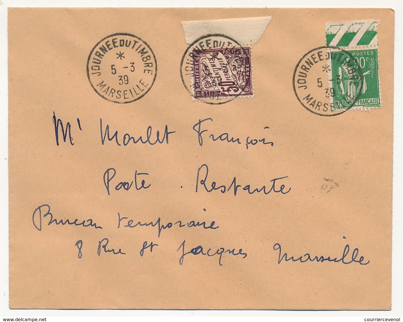 FRANCE => Enveloppe - Cachet "Journée Du Timbre MARSEILLE" 5/3/1939 Affr 90c Paix + Taxe Poste Restante - Covers & Documents