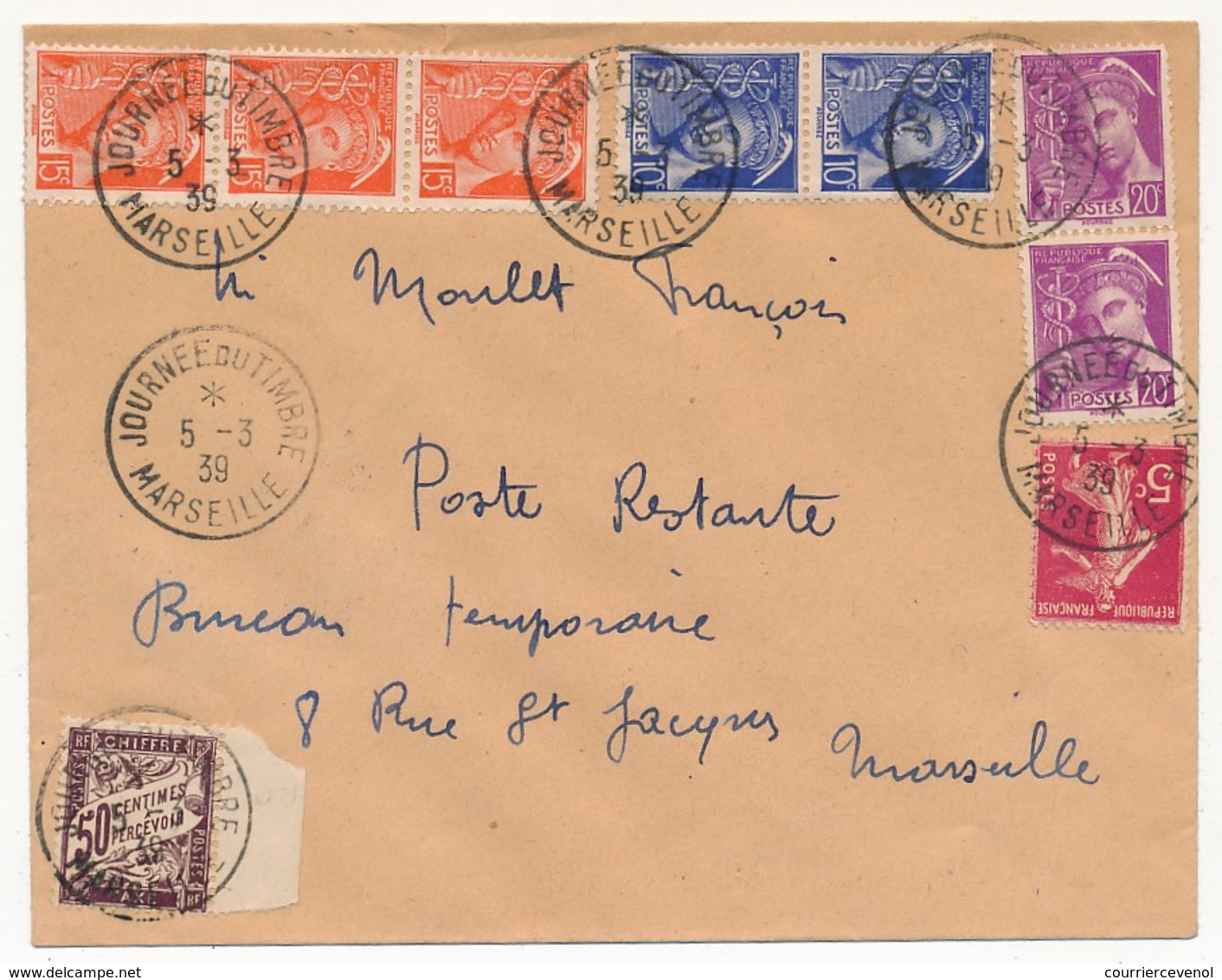FRANCE => Enveloppe - Cachet "Journée Du Timbre MARSEILLE" 5/3/1939 Affr Composé Mercure / Semeuse + Taxe Poste Restante - Storia Postale