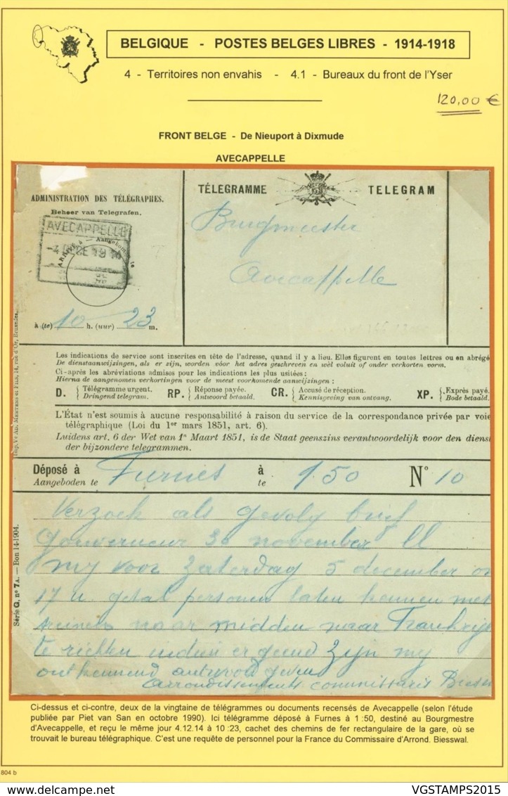 BELGIQUE TELEGRAMME TERRITOIRE NON ENVAHIS DEPOSE A FURNES "AVECAPPELLE 04/12/1914 RR (DD) DC-3910 - Zone Non Occupée