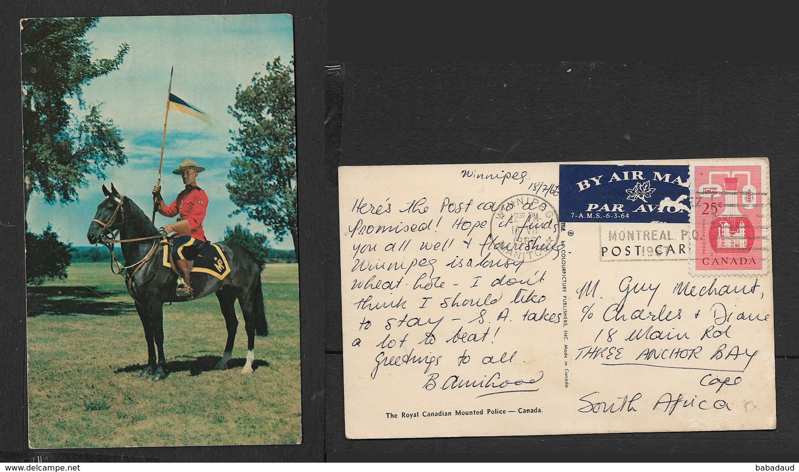 Canada, Royal Canadian Mounted Police, Used 25c,air Mail,  WINNIPEG 18 VII 66 > S.Africa - Police - Gendarmerie