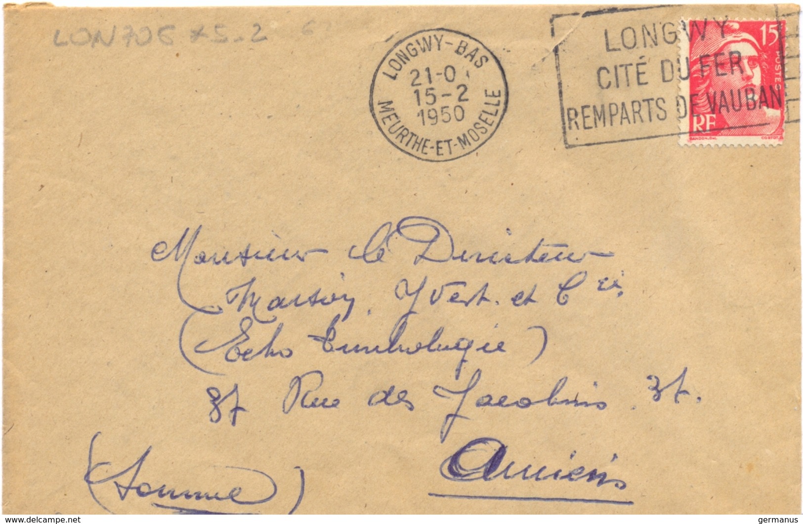 LONGWY-BAS MEURTHE-ET-MOSELLE OMec FRANKERS-SECAP FLAMME DROITE 15-2-1950 LONGWY / CITÉ DU FER / REMPARTS VAUBAN - Mechanical Postmarks (Advertisement)