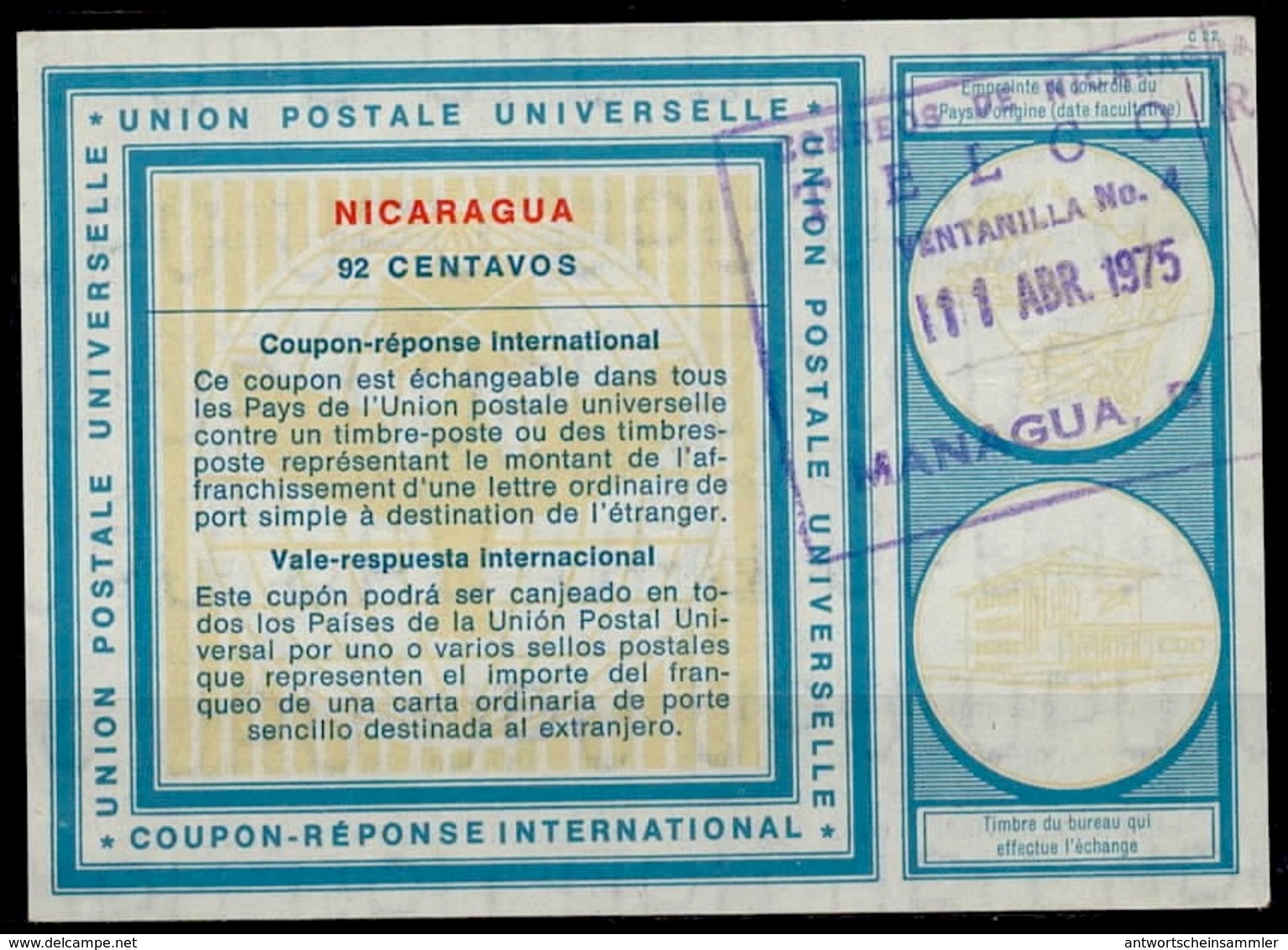 NICARAGUA Vi19  92 CENTAVOS International Reply Coupon Reponse Antwortschein Vale Respuesta IAS IRC  o MANAGUA 11.04.75 - Nicaragua