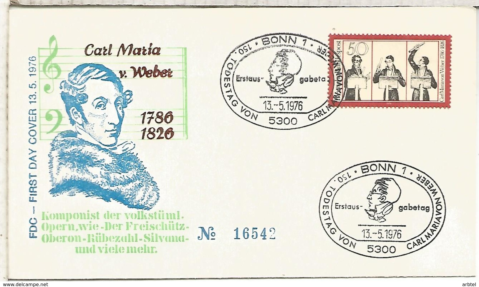 ALEMANIA FDC 1976 CARL MARIA WEBER MUSICA ARTE - Música