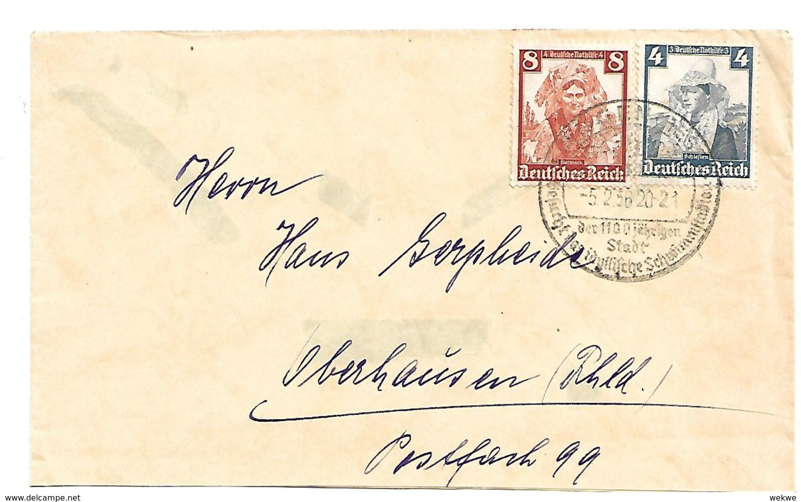 III-667/ 3. REICH - Nothilfe 1935 (Vokstrachten) Mit Oertwerbestempel Langen (Hessen) Nach Oberhausen - Lettres & Documents