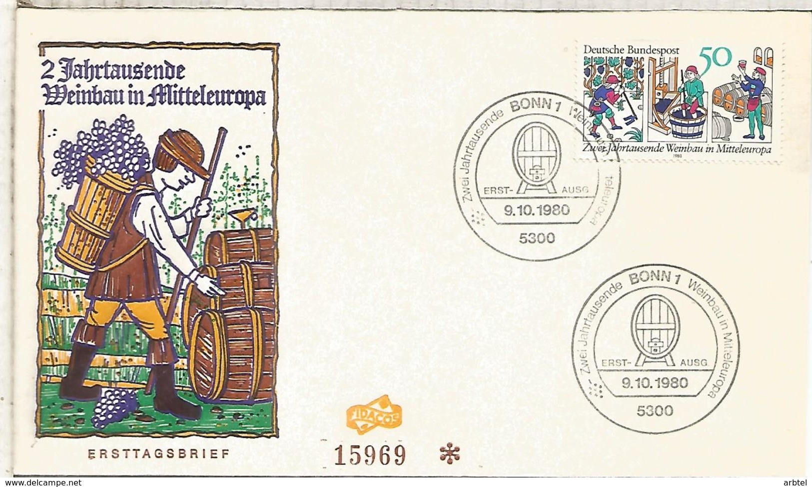 ALEMANIA FDC 1980 PRENSA DE VINO WINE ENOLOGIA UVA - Vinos Y Alcoholes